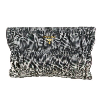 Authentic PRADA Logo Canvas Gathered Clutch Bag Black Nero Ivory BP0237 Used F/S