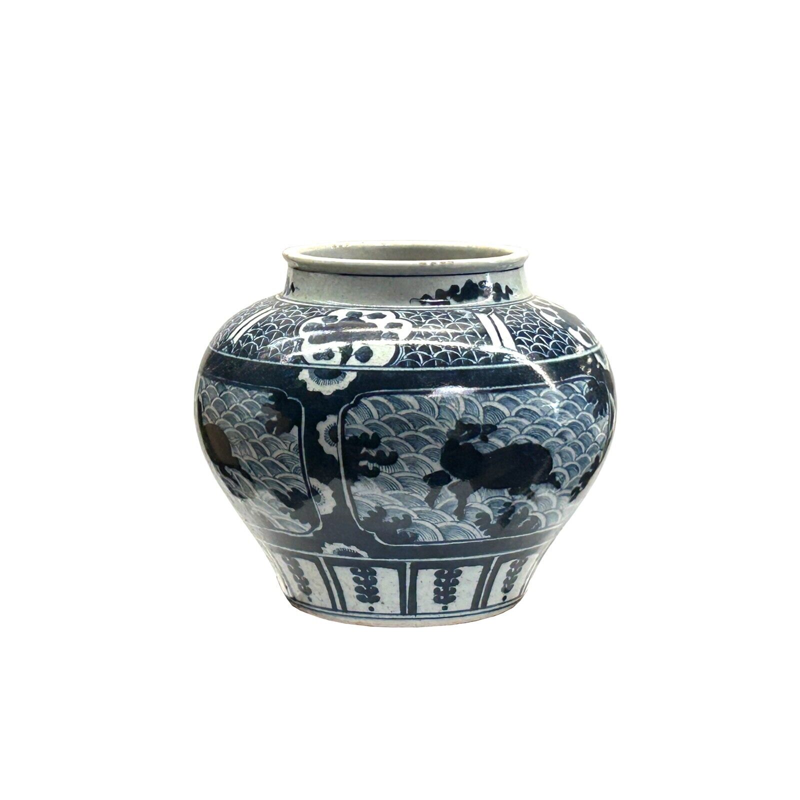 Vintage Blue White Mythical Graphic Fat Body Porcelain Vase Jar ws4451S Vintage Blue White Mythical Graphic Fat Body Porcelain Vase Jar ws4451S