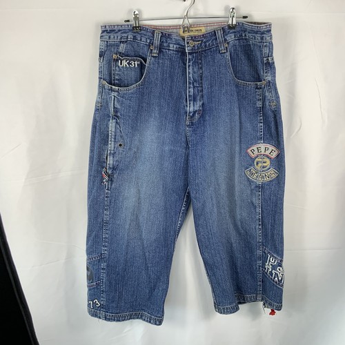 Pepe Jeans London Mens 38 Medium Blue Wash Denim Long Shorts Embroidered Logos