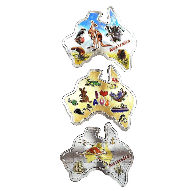 3 Australia Tin Foil Magnet Map Kangaroo Koala Wombat Platypus