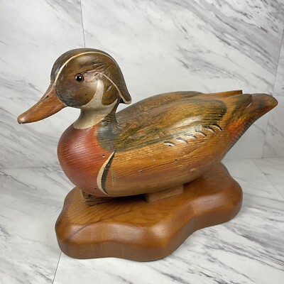 R. D. Lewis Wood Duck Drake Decoy with Stand Signed By Artist & Dated 7-6-1979