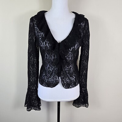 Ralph Lauren Womens Top M Blacke Floral Lace Ruffle Trim Snap Front Blouse Y2K