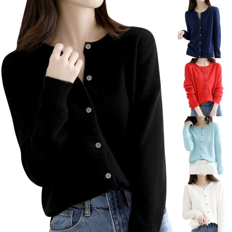  Womens Cardigans Sweaters Crew Neck Open Front Button Down Knit Solid Cardigan