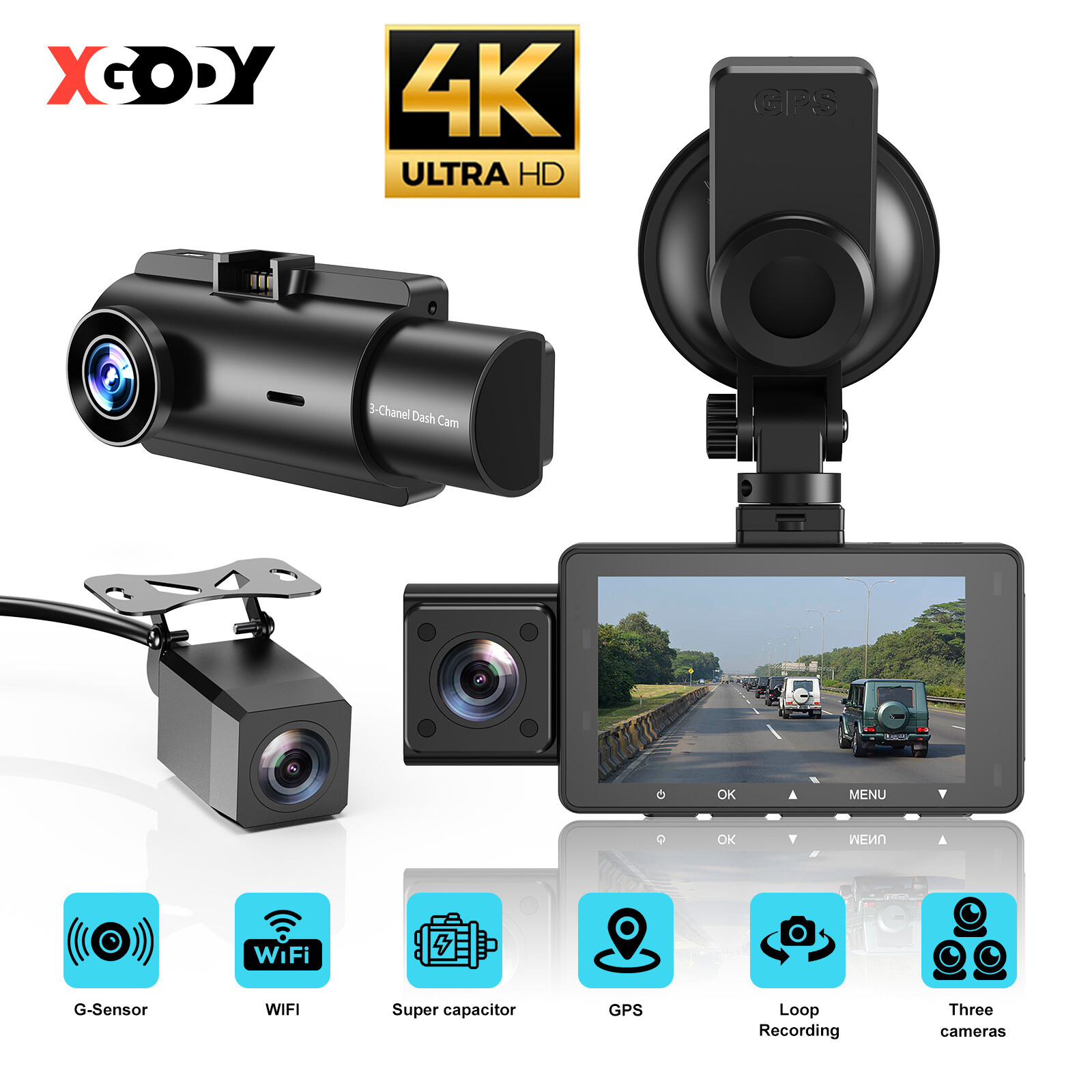Dash Cam Built-in Gps Wifi Front 4k And Rear 1080p