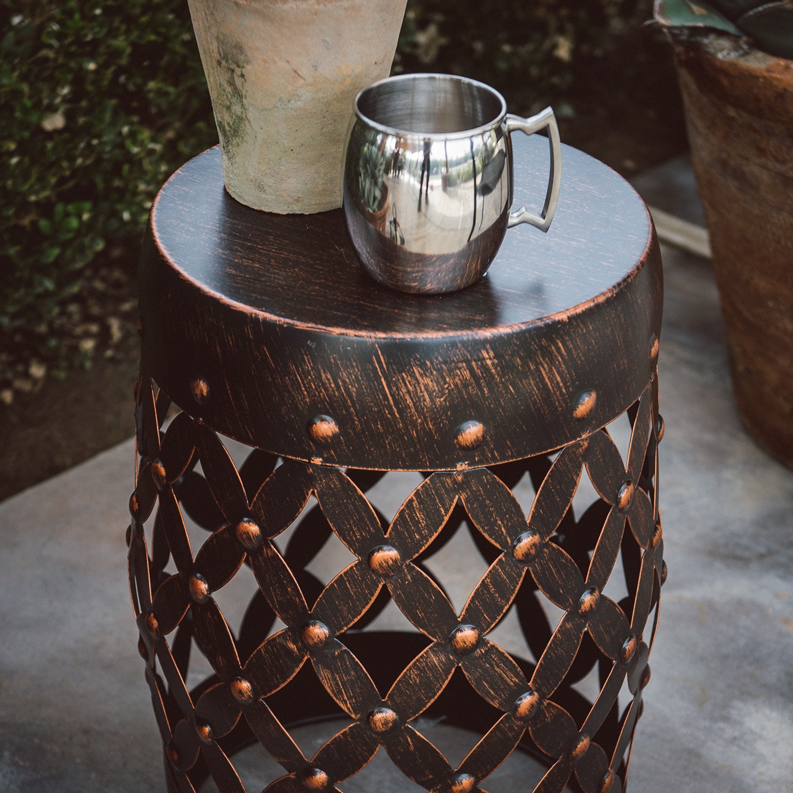 Black Bronze Finish Metal Lattice Garden Stool Patio Side Table Garden Accent