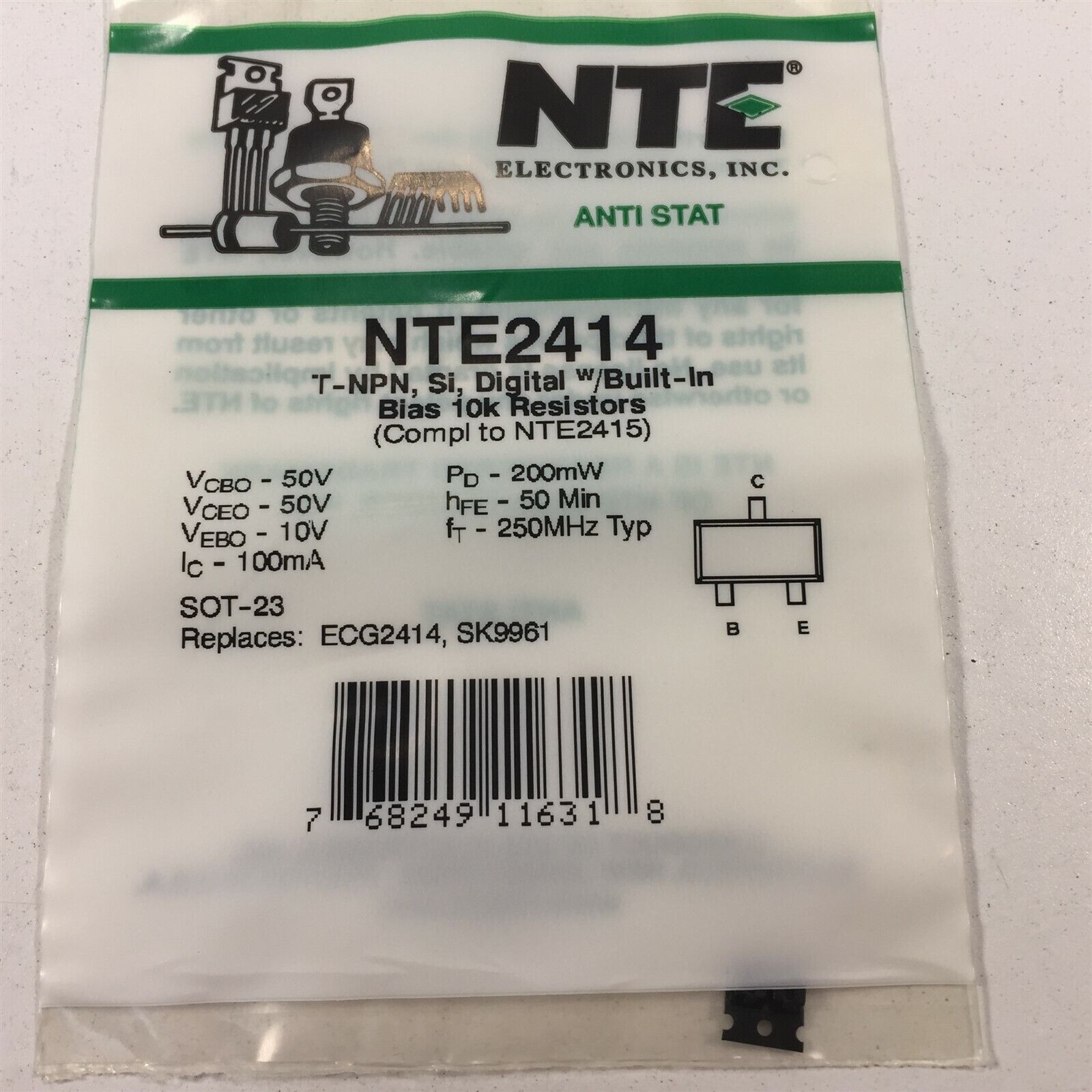 (3) NTE NTE2414 Silicon NPN Trans Digital w/2 BuiltIn Bias 10k Resistors-3/Lot