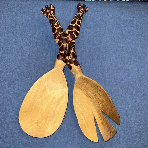 Wooden Giraffe Handle Salad Utensils Fork and Spoon Set 10.5”  length