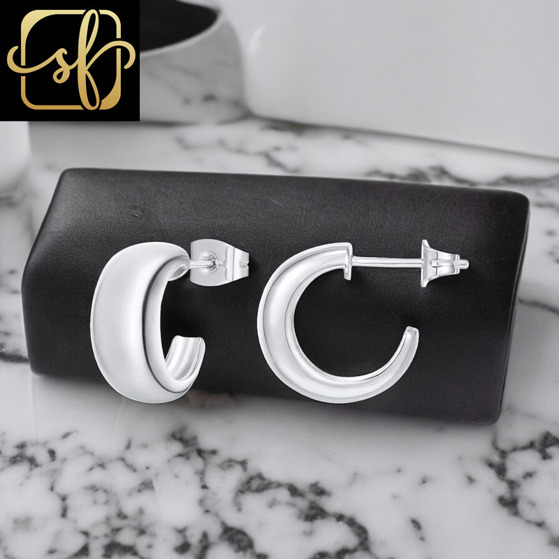 14K Gold Plated 925 Sterling Silver Posts Thick Dome Huggie Earrings for Women | Small Wide round Hoop Earrings