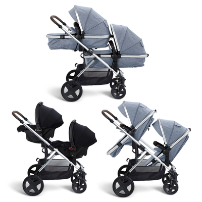 Double Pram Travel System Stroller Pushchair Carry Cot Twin Baby Elegance UK