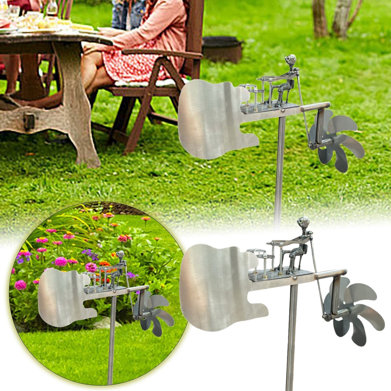 Handmade Metal Drummer & Guitar Windmill, 2025 New Animated Kinetic Windmill, Rockin Art Figurine, Steampunk Drummer Garden Metal Wind