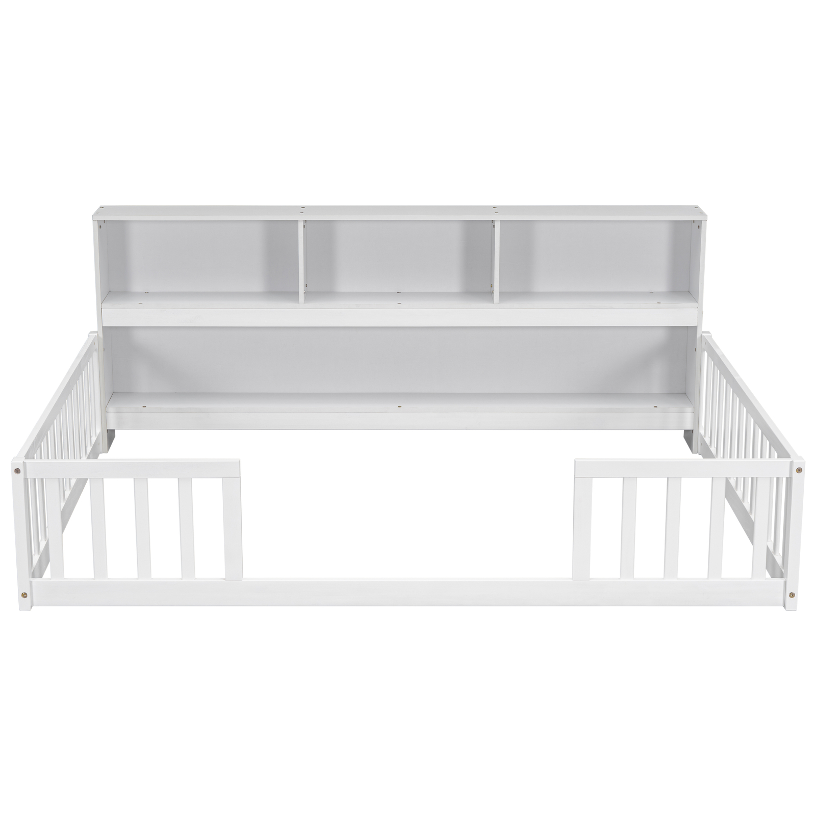 Wooden Full Size Floor Bed Frame +Side Storage Bookcase/Shelves/Guardrails White