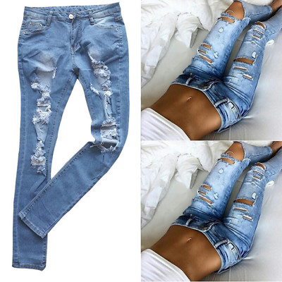 New Womens Ladies Denim Ripped Stretchy Boyfriend Skinny Jeans Pants Size Ebay
