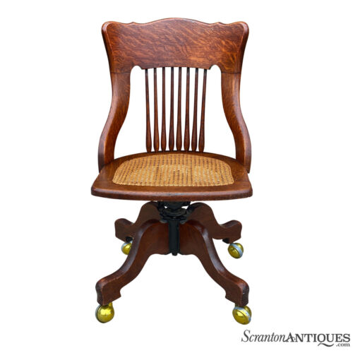 Antique Victorian Quartersawn Oak Cane Seat Library Swivel Desk Chair