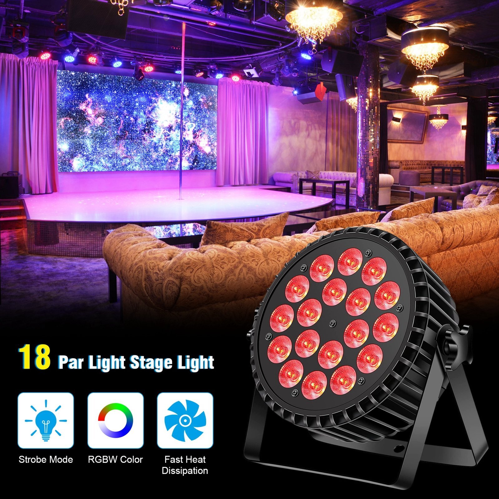6x 200W RGBW LED 18 Par DMX Stage Lights Color Change Disco