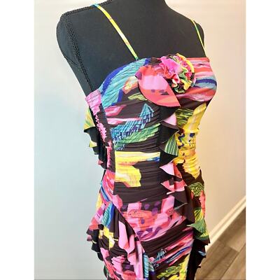 Pre-owned Rococo Sand Chris Midi Dress In Black Small Floral Ruffle Ruched Stretch Lined