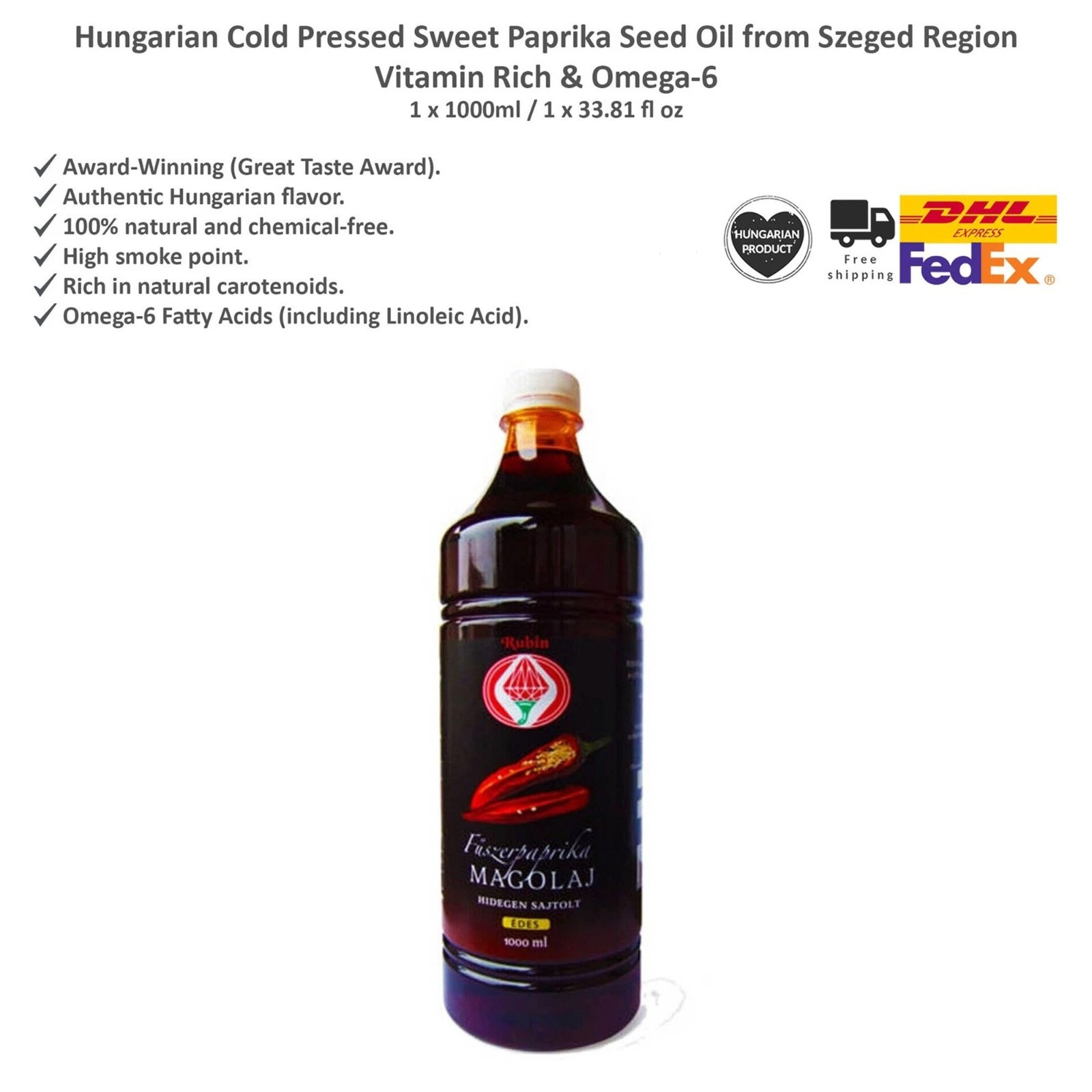 Hungarian Cold Pressed Sweet Paprika Seed Oil, Vitamin Rich & Omega-6, Rubin 1L