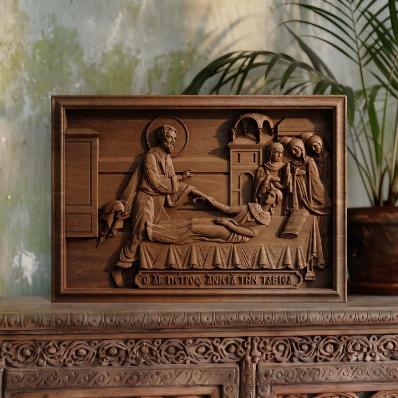 Apostle Peter Raising Tabitha Handmade Byzantine Greek Christian Woodcarving