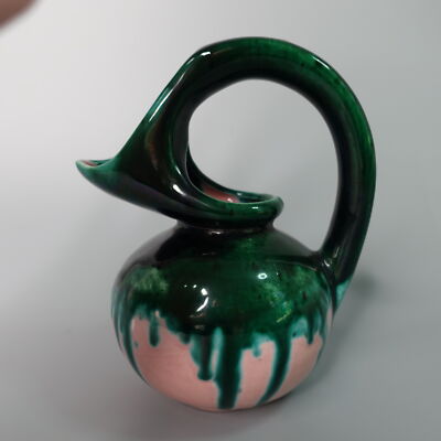 Vintage Green & Pink Drip Glaze Ceramic Pitcher Honey Pot Signed Art Pottery