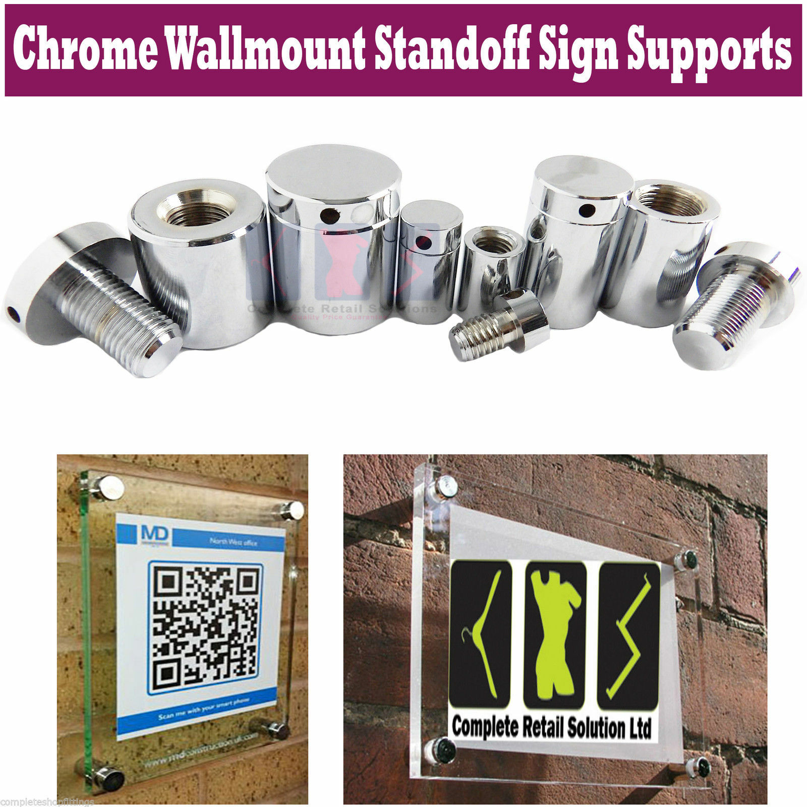 4x Stand Off Fixings Full Shiny Chrome Glass Sign Wall Support Standoff