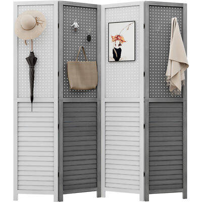 4 Panel Room Divider Folding Privacy Screens with Pegboard Display Freestanding