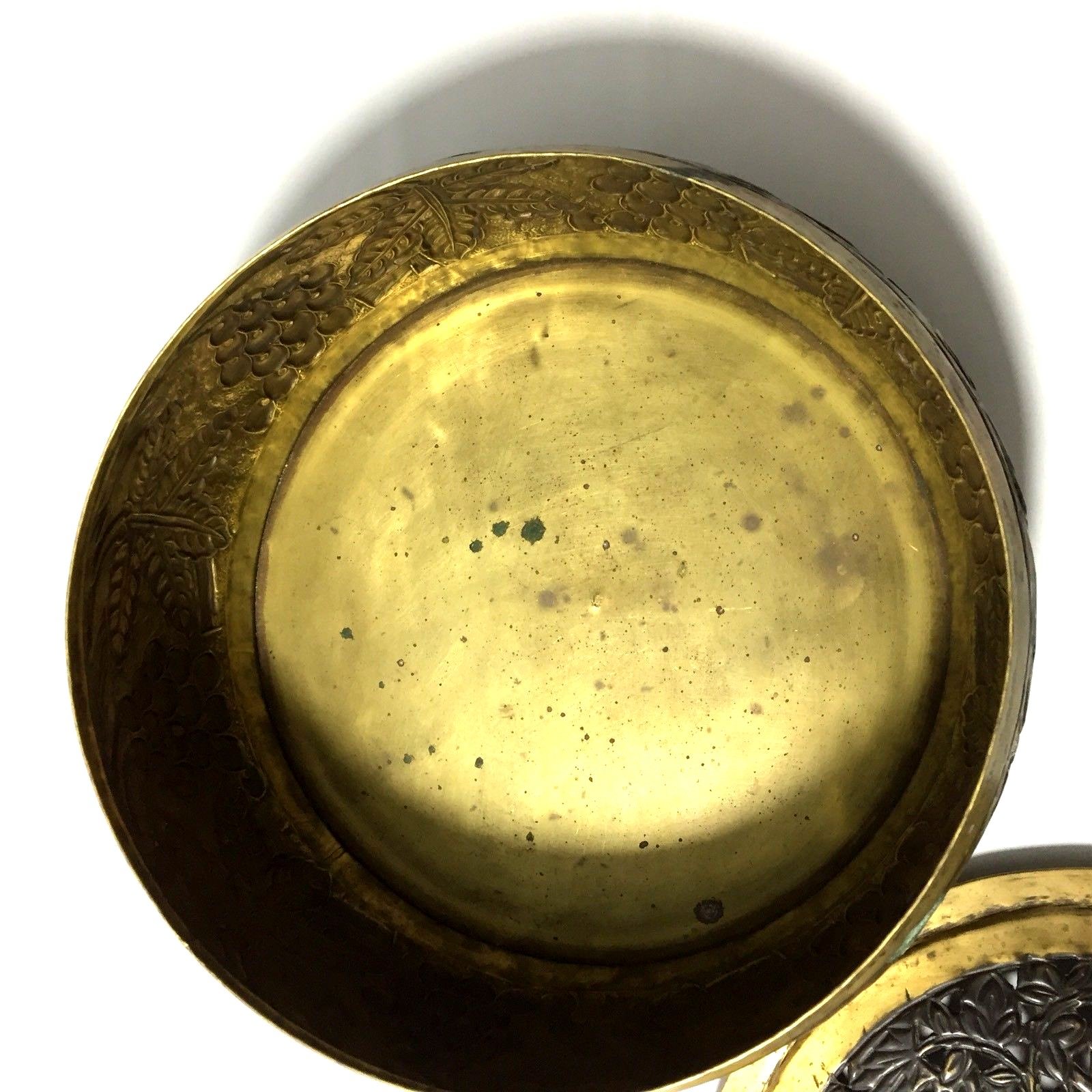 Large Embossed Brass Round Container Storage Box Ornate Filigree Lid