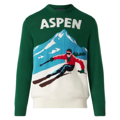 Pre-owned Mc2 Saint Barth Man Sweater Aspen Vintage Postcard Print In Green