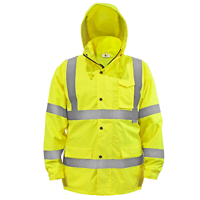  Safety Rain Jacket Reflective Green Hi-Vis Raincoat Rainjacket w Hood S-5XL 