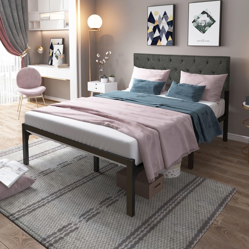 TAUS Queen Size Metal Platform Bed Frame with Adjustable Upholstered Headboard