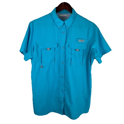 Columbia Men s Sz L Bright Blue Short Sleeve Vented PFG Fishing Shirt Outdoors