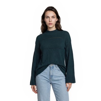 Free People Bell Sleeve Sweater Top Womens Size XS Teal Pointelle Mock Neck Boho