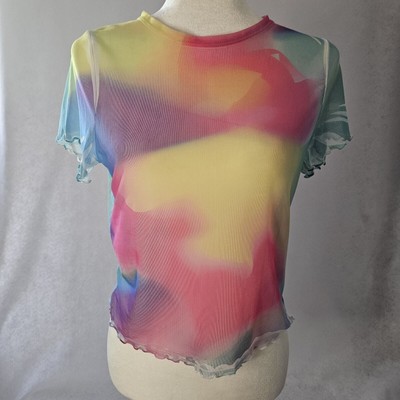 Y2K Scotty Rainbow Sheer Tie Dye Rave Shirt Sz M Festival