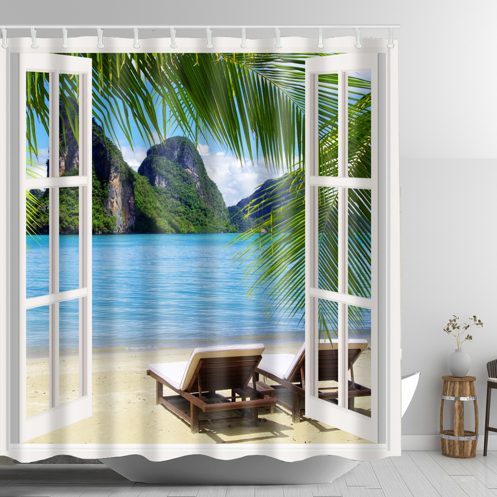 Tropical Ocean Sandy Beach Graphic Shower Curtain Sunset Scenic