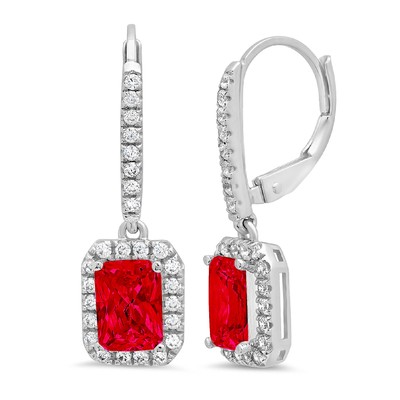 Pre-owned Pucci 5.8072 Emerald Round Halo Red Simulated Ruby Lever Back Earrings 14k White Gold