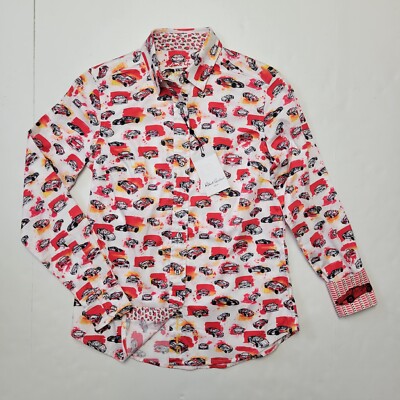 ROBERT GRAHAM EXCLUSIVE Women's Medium Red Exotic Car Embroidered Cuff Shirt NWT
