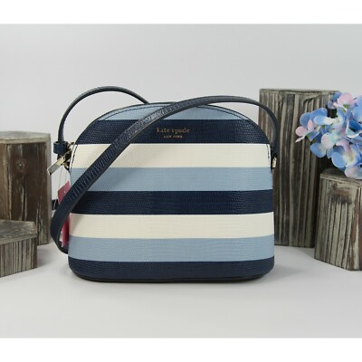 Kate Spade Sylvia Blue Lizard Embossed Stripe Leather Medium Dome Crossbody NWT