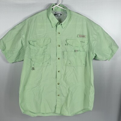 Columbia PFG Fishing Shirt Medium Green Short Sleeve Vented Pockets 