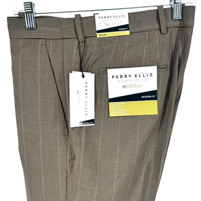 Perry Ellis Men's Modern Fit Stretch Easy Care Plaid Dress Pants Brown 36 x 30
