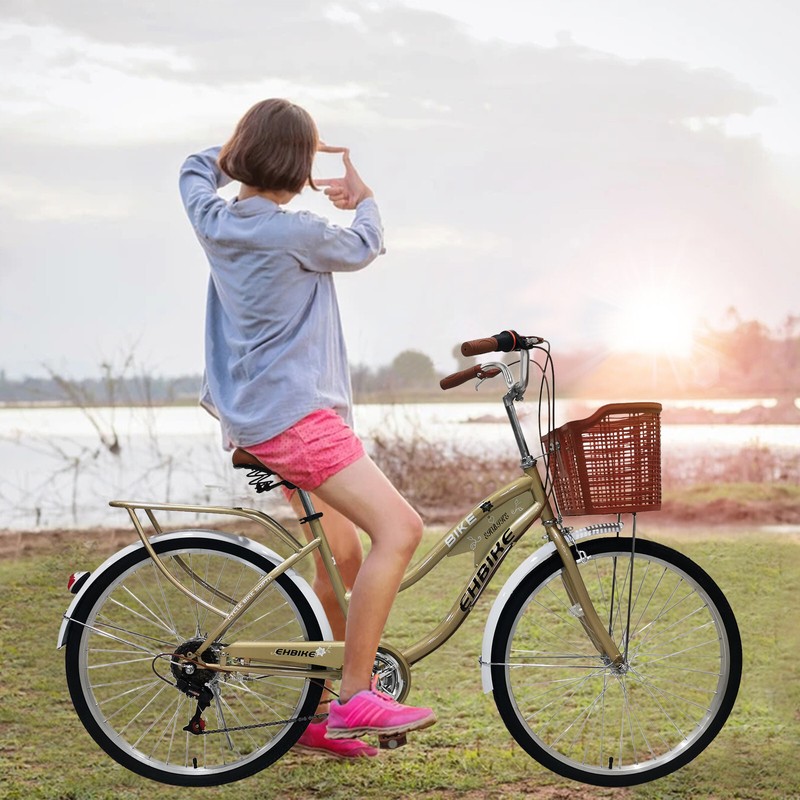 Cruiser Bike 26In Tropical Style Beach Bike Grocery Basket 7 Adjustable Speeds
