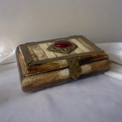 Vintage  Real Camel Bone & Red Gem Jewelry Trinket Box - From India!