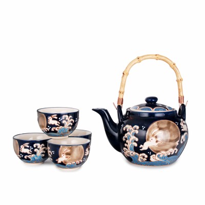 Moon Rabbit Porcelain 25 fl oz Teapot w/ 4 Cups Tea Set