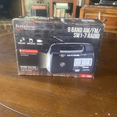 Supersonic SC-1082 AM/FM/SW 1-7 9-Band Rechargeable Radio +USB/SD +Flashlight