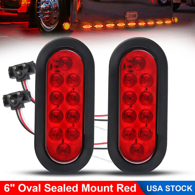 2 Red 6'' Oval Trailer Lights 10 LED Stop Turn Tail Truck Sealed Grommet Plug DOT