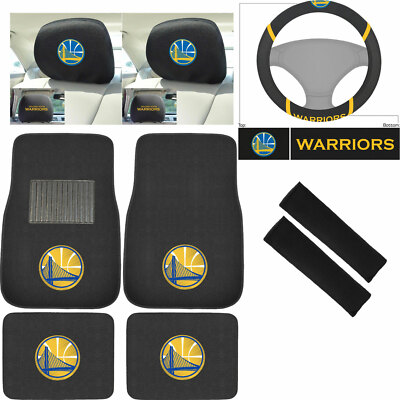 9pc NBA Golden State Warriors Floor Mats Steering Wheel Cover & Headrest Covers