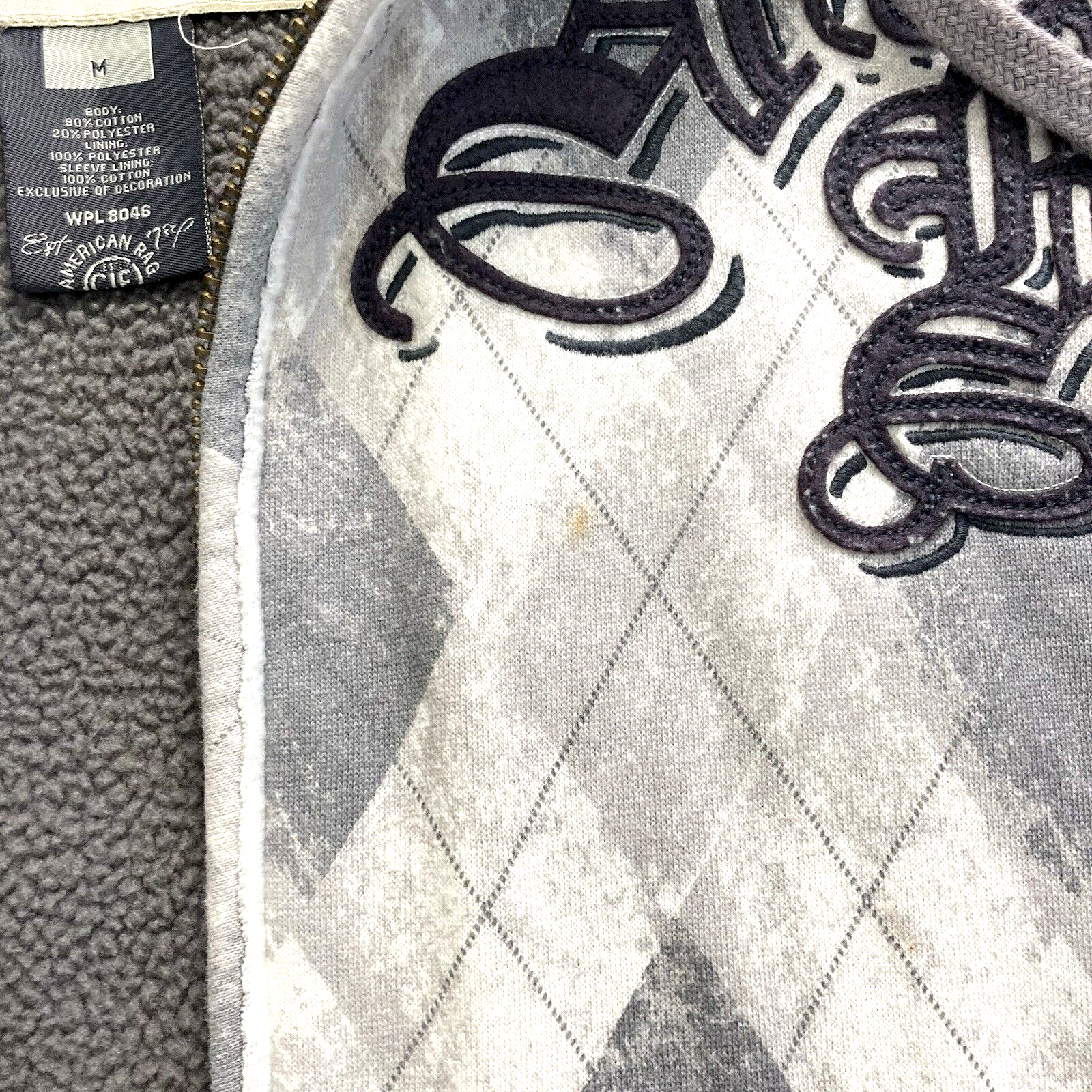 Vintage American Rag Grey Argyle Fleece Lined Hoodie Size M