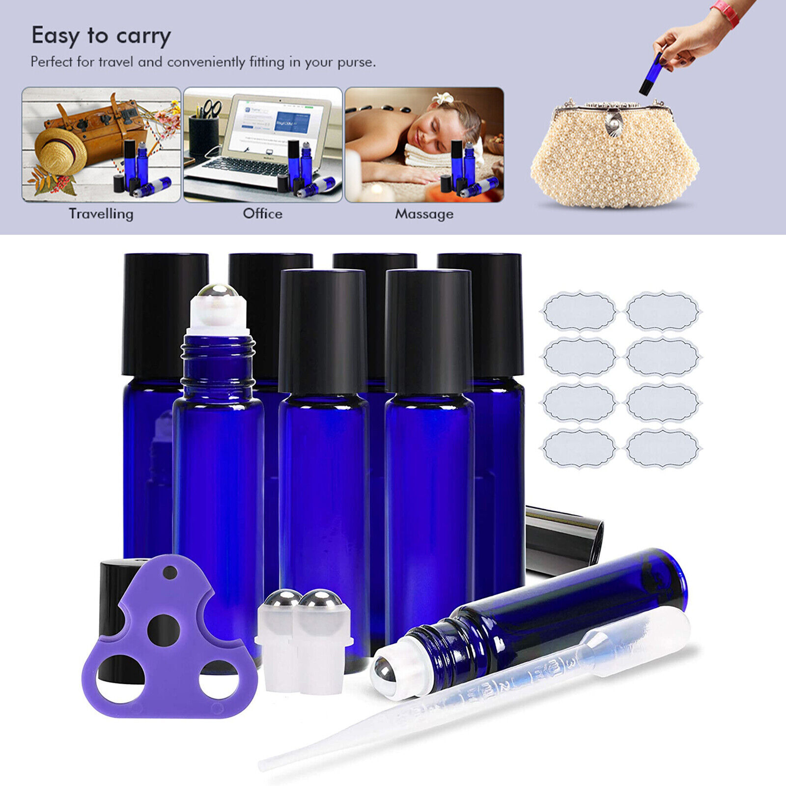 8-144x 10ml Essential Oil Roller Bottles Glass W/ Stainless Steel Roller Dropper