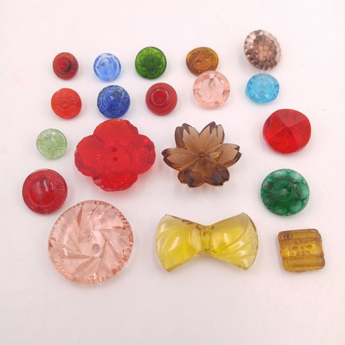 Mixed Lot of 19 Vintage Glass Buttons - Red Flower Bow Faceted Blue Pink