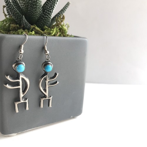 Turquoise Man Dangle Earrings Sterling Silver 925 Stamped LM 2