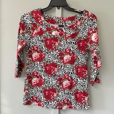 Rafaella studio size Medium Roses Red Animals Print Boat Neck 3/4 Sleeve