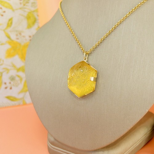 14k Yellow Gold Unique Hexagon Yellow Citrine Flower Carved Statement Pendant, N - Picture 6 of 12