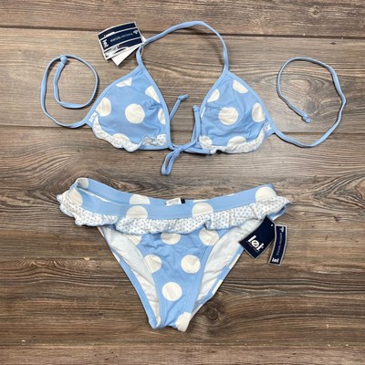L.E.I Blue White  Polka Dot Tie Ruffle Bikini Swimsuit SZ LG M C102057